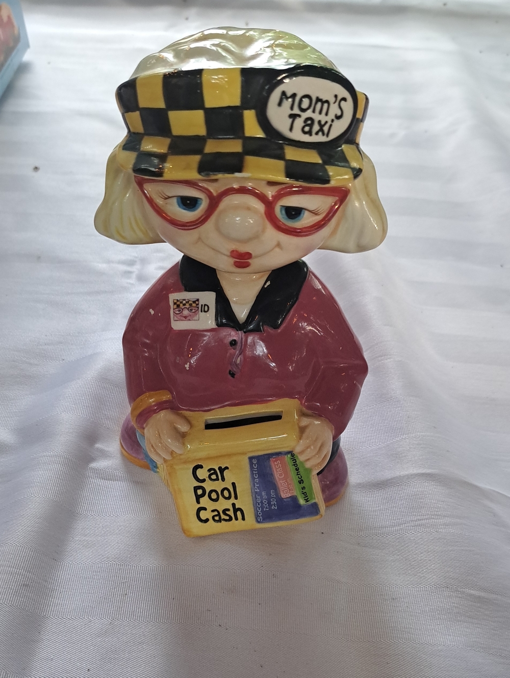 Mom's Taxi Bobble Head Ceramic Coin Bank - Yellow Hat & Pink Jacket